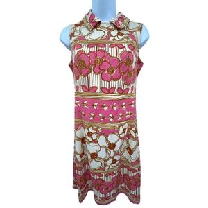 Vintage 60s or 70s Floral‎ Sleeveless Polyester A Line Dress Pink with Cream